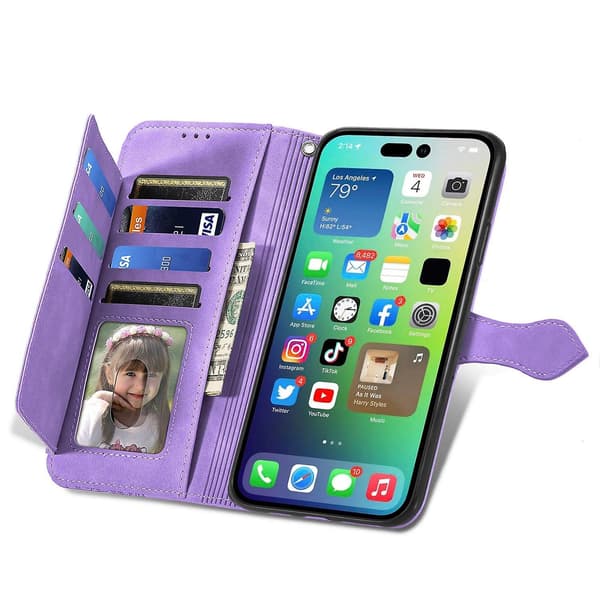 Case för iPhone 15 med präglad blomblixtlås Purple