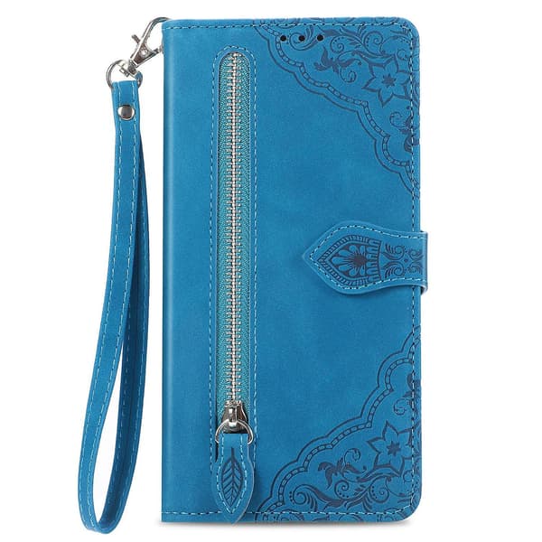Case för iPhone 15 med präglad blomblixtlås Blue