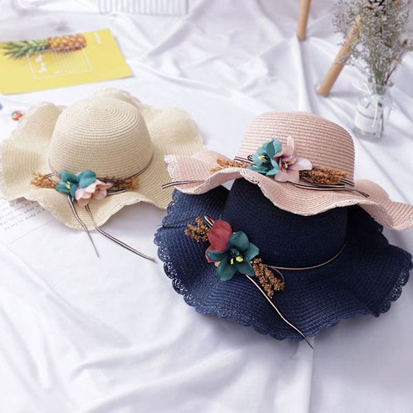 Mode Flickor Blomma Halm Vävning Bred Brätte Sommar Beach Cap Sol Floppy Hat Khaki *Kids
