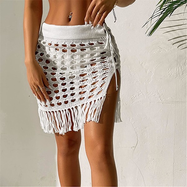 Kvinnor Sexig Hollow Out Mesh Tossle Kjolar Beach Cover Up Summer Fish Net Baddräkt