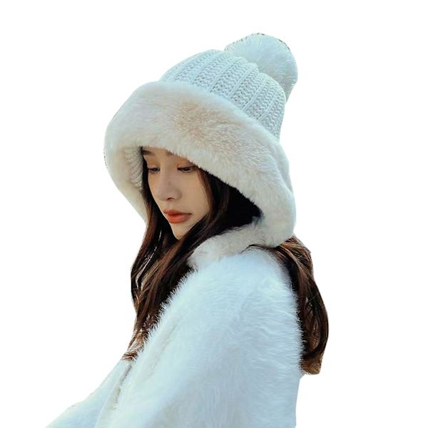 Kvinnor Vinter Mössa Skid Cap Fleece Fodrad Öron Flik Dual Layered Pompom Hat White