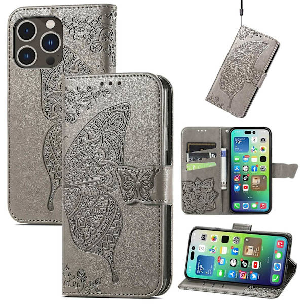 Butterfly-präglat case för iPhone 15 Pro Grey none