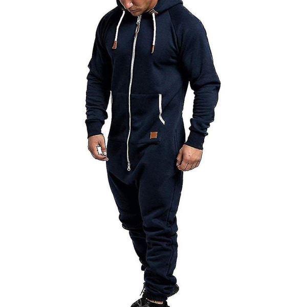 Men Onesie Allt i ett Hoodie Zip Jumpsuit Winter Casual Hooded Romper Playsuit Navy Blue XL