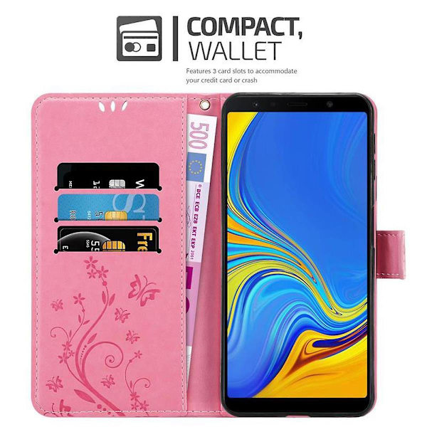 Samsung Galaxy A7 2018 Cover Case Case - med blommönster och stativfunktion och kortplats FLORAL ROSA Galaxy A7 2018