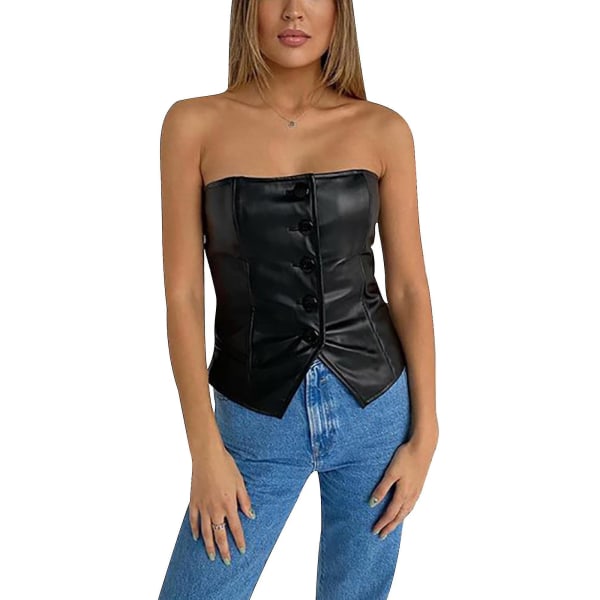 Kvinnor axelbandslösa korsetter Pu-läderväst Tank Bustier Camisole Toppar Clubwear L