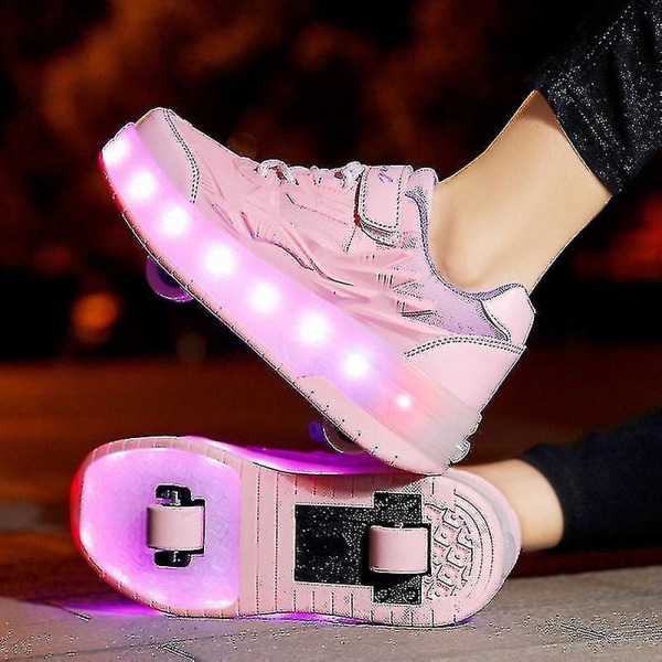 Kid Wheels Shoes Roller Skate Shoes 2 Wheels Child Deform Sneakers Outdoor Sport Deformation Parkour Runaway Boy Girl Youth Gift Pink 37