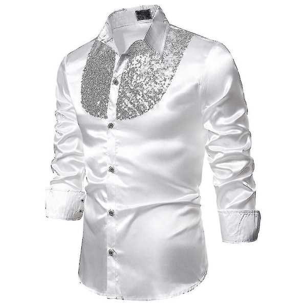 Herr paljetter Glitter Slim Fit Button-down skjortor Party Långärmad Klänning Skjorta Toppar White 2XL