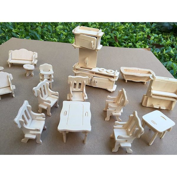 Dockhusmöbler - Laserslipad trä 3d-pussel gör-det-själv-miniatyr dockhus- set Husmöbelset - 1 set (34 delar) Trä null none
