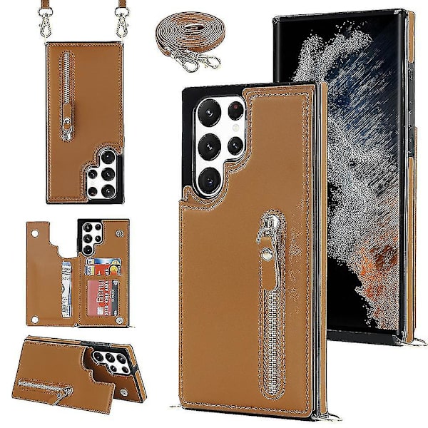 Crossbody axelrem case Kompatibel Samsung Galaxy S23 Ultra/ S23+/ S23 med korthållare Stötsäker Brown for S23