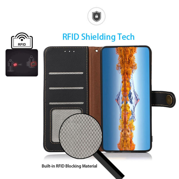 Khazneh för Samsung Galaxy S23 Ultra 5g äkta läder Rfid-blockerande cover Vikbart ställ Fullt case - Svart Black