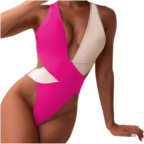 Dambaddräkter Bikinibody med hög midja Baddräktsömmar Bikinibaddräkt Korsbaddräkt för kvinnor Färgblockerande Bikini Swimsu för kvinnor Hot Pink L