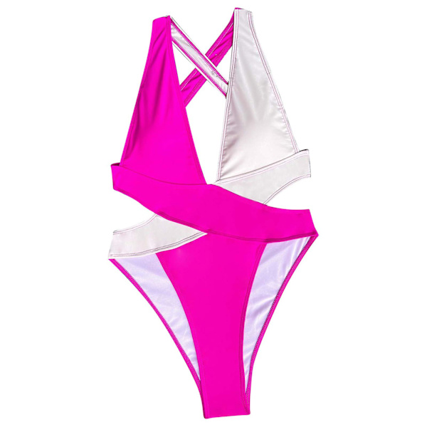Dambaddräkter Bikinibody med hög midja Baddräktsömmar Bikinibaddräkt Korsbaddräkt för kvinnor Färgblockerande Bikini Swimsu för kvinnor Hot Pink L