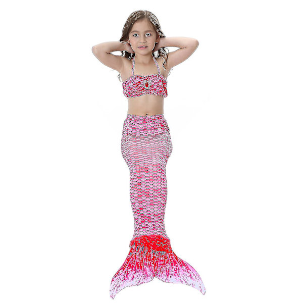 Barn Flickor Mermaid Tail Bikini Set Baddräkt Badkläder Simdräkt Rose Red 8-9 Years