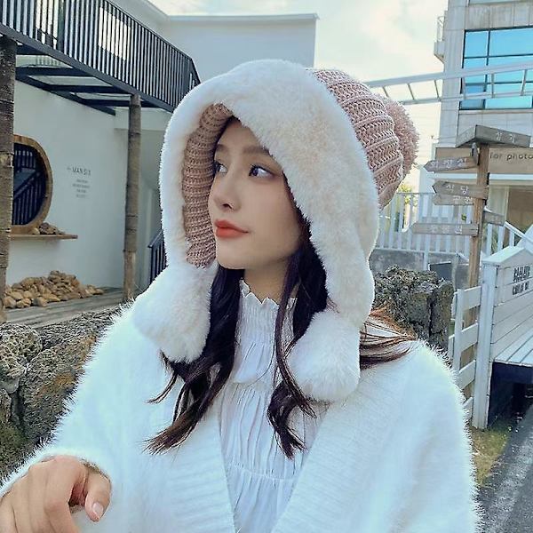 Kvinnor Vinter Mössa Skid Cap Fleece Fodrad Öron Flik Dual Layered Pompom Hat White
