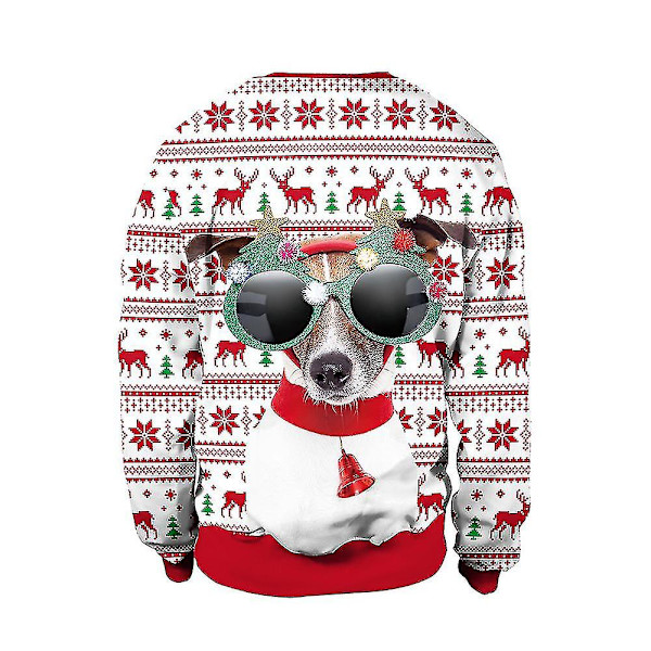 Jultröja Vinter Höst Crew Neck Toppar Sweatshirt Med Ren Santa Printed Dog M