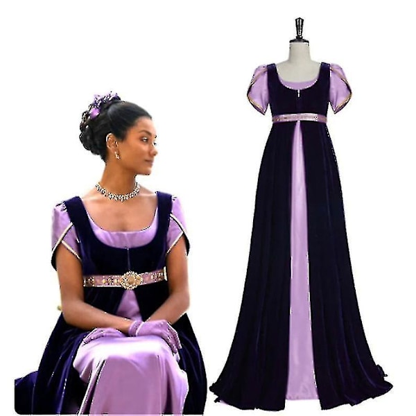 Bridgerton-klänning, regency-klänning, vintage lila bal-klänning, Jane Austen-fläckklänning