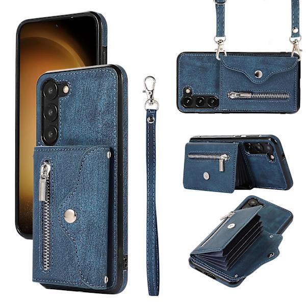 Anti-damm Pu läder+tpu phone case för Samsung Galaxy S23 Rfid blockerande kortväska Kickstand Cover Blue