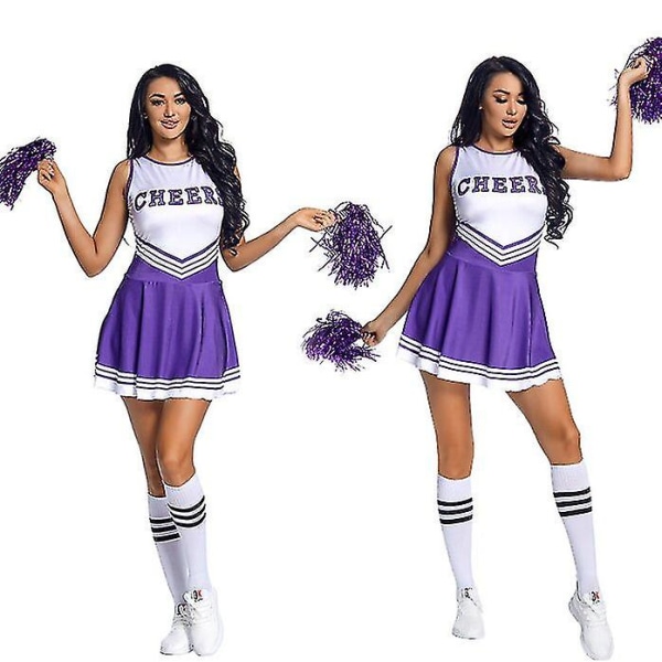 Kvinnors skolflickor musikalisk fest Halloween cheerleader kostym tjusig klänning purple L