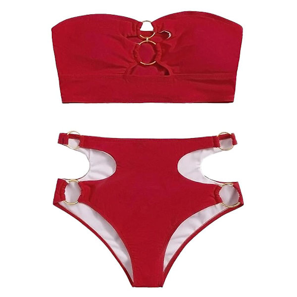 Ribbstickad O-ring för damer Bikini Baddräkt Fräck Thong Baddräkt Tvådelad baddräkt red M