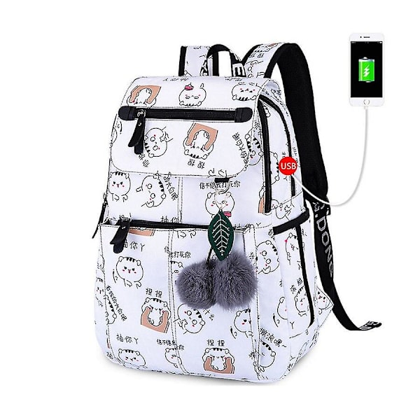 Skolväskor för flickor kvinnlig laptop ryggsäck USB ryggsäck barn ryggsäckar söt katt skolryggsäck för flickor väska pack White cat