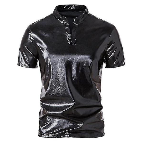 Herr V-ringad Sparkle Kortärmade Glänsande Pikétröjor 70-tal 80-tal Disco Party Casual T-shirts T-tröjor Black L