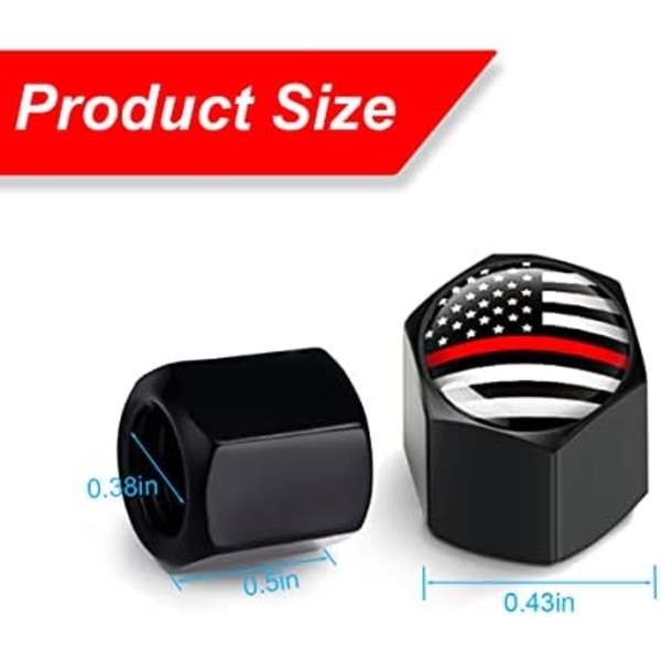 American Flag Däckventilspindelkapslar för bil, 4Pack Anti-Rost lufttät gummitätning Universal för bilar, fordon, cyklar, T Black\/Red