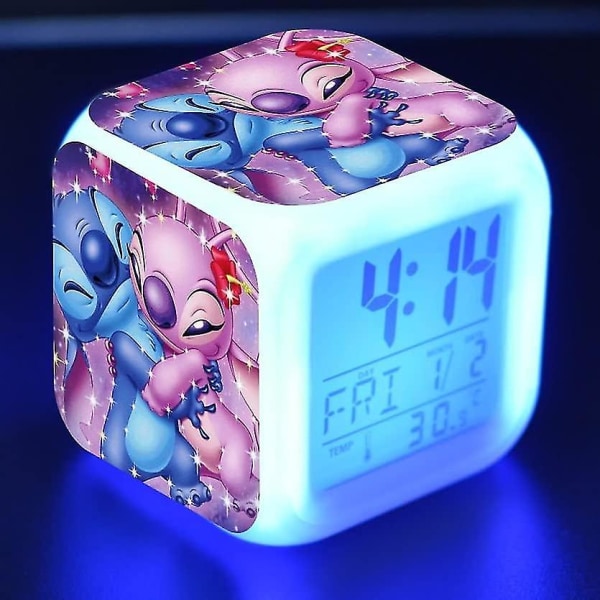 Stitch Anime LED digital väckarklocka för flickor - söt storlek, 8 cm, 3 tum, 7 färger ändras, temperatur, perfekt för flickor sovrum null none