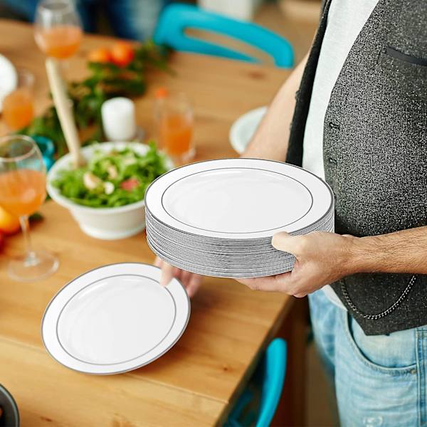 Okrossbara, silverkantade, silverkantade middags- och desserttallrikar 10.3inch