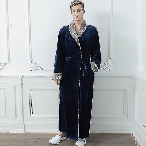 Kvinnor Män Vinter Plus Size Flanellrock Extra lång Huva Varm Morgonrock Lovers Tjock Kimono Badrock Man Morgonrock Robes men fur robe navy XL