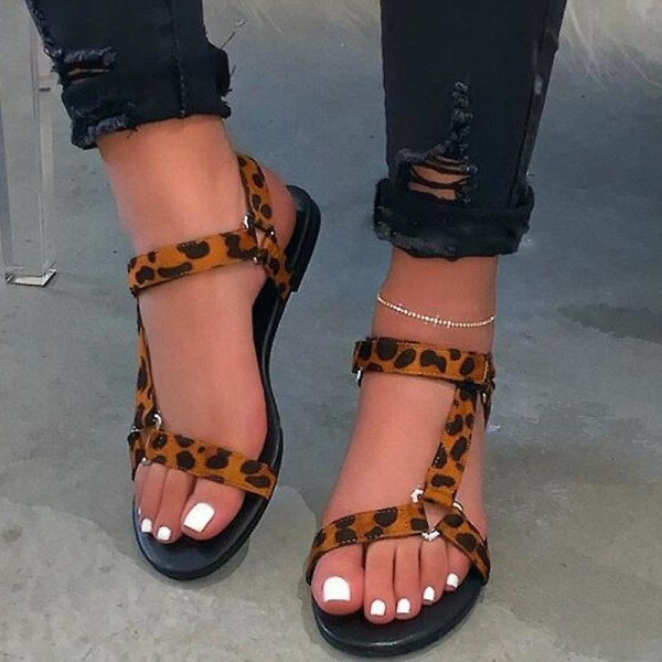 Platta sandaler för kvinnor med öppen tå andas Anti-slip Casual för sommarstrand utomhus Leopard Print 37