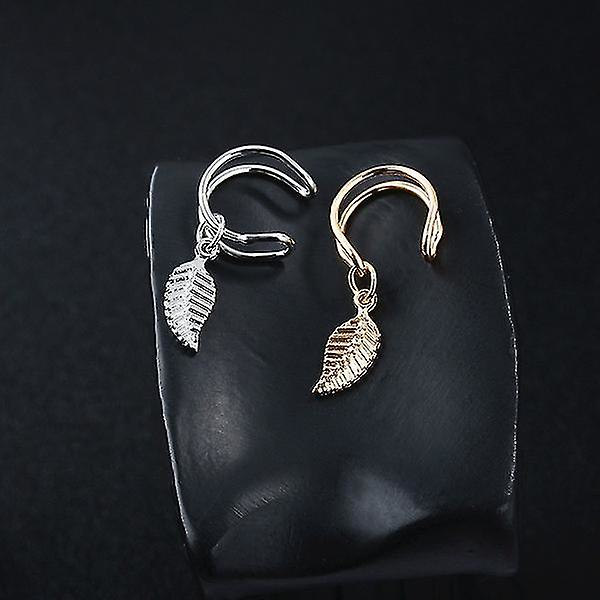 Pxcl 2 Par Fashionabla tredimensionella trädblad utan öronhål Öronklämma, guld+silver