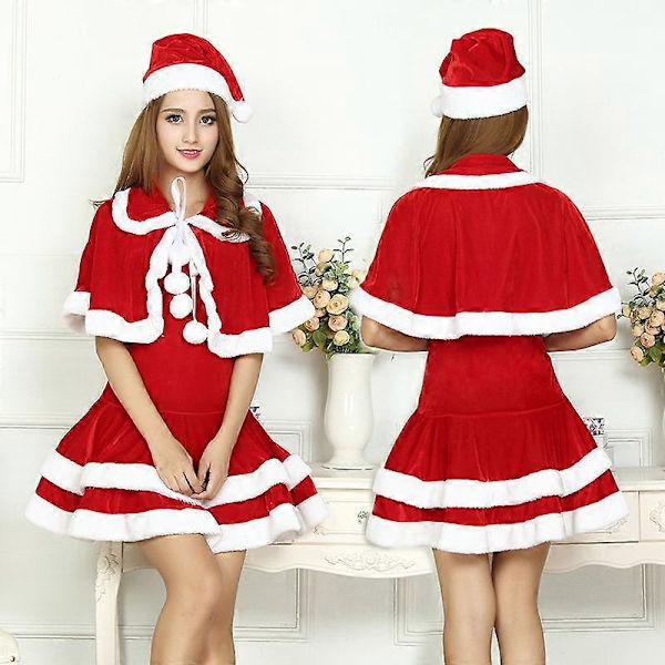 Juldräkt för kvinnor, Mrs Santa Claus-klänning, festkläder, semestercosplay, sammetsdräkt A M