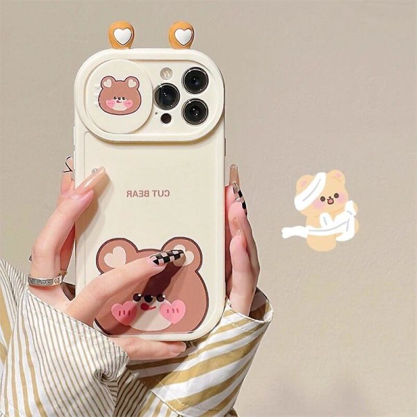 Cartoon 3d Ear Bear Cat Frog Söt Slide Lins Protection Case För Iphone 14 12 13 11 Pro Xs Max X Xr Push Pull Bumper Mjukt cover Cat For iphone 14Plus