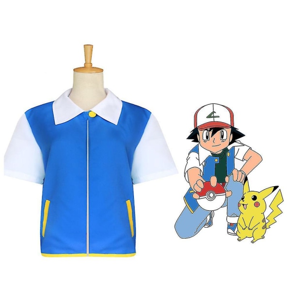 Kids Creative Cosplay Ash Ketchum Blue Jacket Anime Figur Rollspel Show Kläder Trainer Cap och handskar Set Top 140