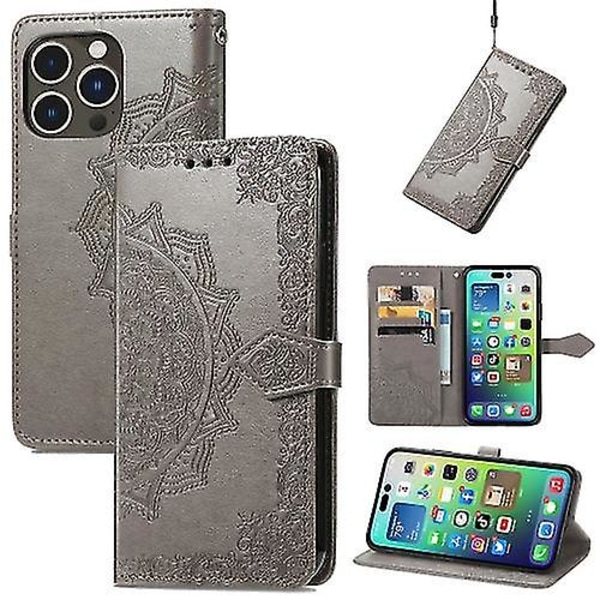 För Iphone 15 Pro Max Mandala Flower Präglat phone case(för Iphone 15 Pro Maxblack) Gray For  iPhone 15 Pro Max