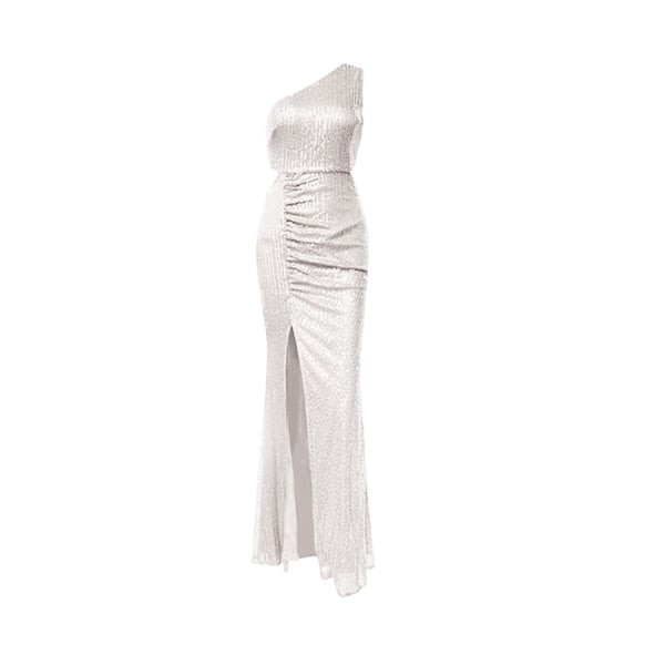 Kampanj 2023 Lång Sequin Split Aftonklänning, En Axelsequin Split Klänning, Bal Klänning, Festklänning(XS-L) White L