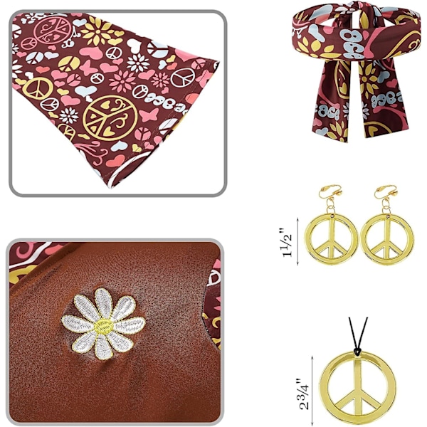 Plus Size Hippie Kostym för Kvinnor 60-tal 70-tal Disco Kläder Halloween Festklänning Set Khaki 4-6