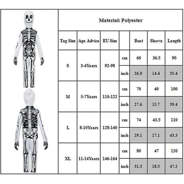 3-14 år Barn Skelett Bodysuit Handskar Mask Cosplay Set 5-7 Years