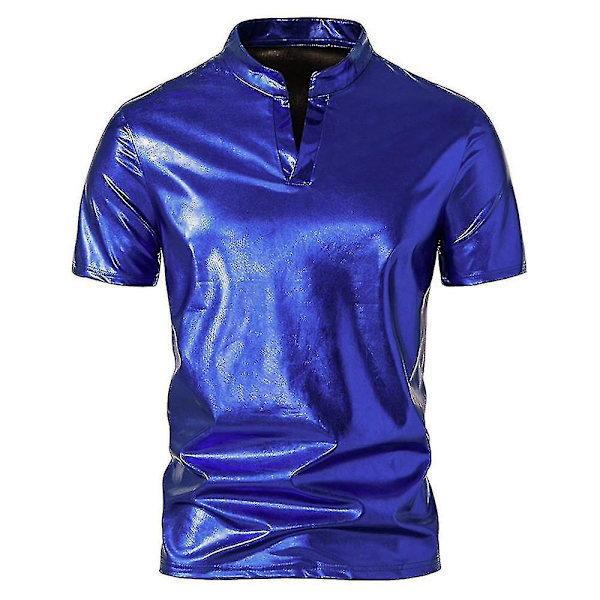 Herr V-ringad Sparkle Kortärmade Glänsande Pikétröjor 70-tal 80-tal Disco Party Casual T-shirts T-tröjor Blue L