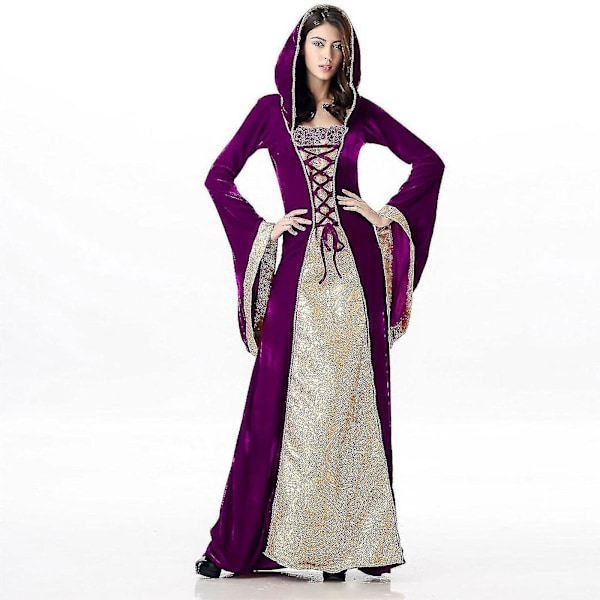 2023 Ny renässansdräkt Kvinnor Sammet Irländsk Klänning Medeltida Häxdräkt Victorian Faire Kostymer Purple XL