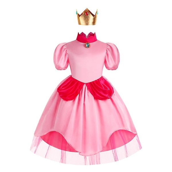 Barn Flickor Super Mario Bro Peach Cosplay Dräkt Prinsessan Paddstol Klänning med Krona Halloween Party Fancy Dress Outfits 4 Years