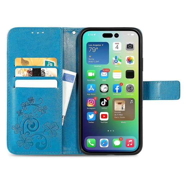 Fyrfodrat läderfodral med case för iPhone 15 Blue