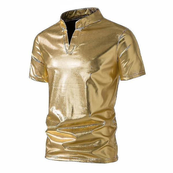 Herr V-ringad Sparkle Kortärmade Glänsande Pikétröjor 70-tal 80-tal Disco Party Casual T-shirts T-tröjor Gold L