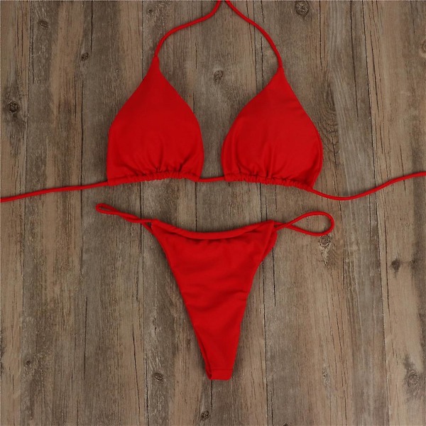 Bikini Set Bandage Solid brasiliansk baddräkt Baddräkt Vadderade string baddräkter red M