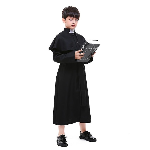 Svarta präster Cassock katolsk romersk dräkt Cape Soutane Halloween kostym för barn Påve Missionär uniform medeltida präster set S (for 110-120cm)