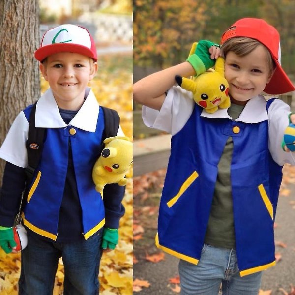 Kids Creative Cosplay Ash Ketchum Blue Jacket Anime Figur Rollspel Show Kläder Trainer Cap och handskar Set Top 150