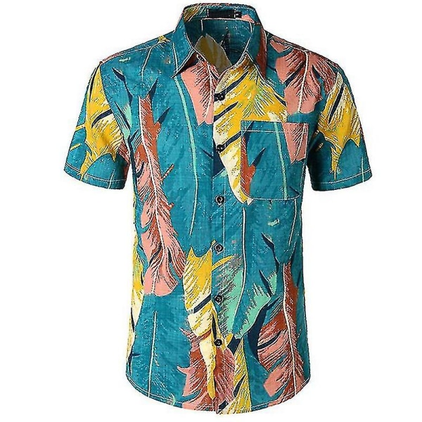 Män Hawaii Beach Shirt Holiday Aloha Summer Casual Kortärmad Button Up Shirts Toppar Blue Leaves XL