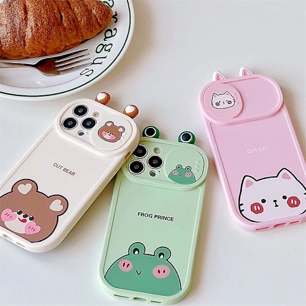 Cartoon 3d Ear Bear Cat Frog Söt Slide Lins Protection Case För Iphone 14 12 13 11 Pro Xs Max X Xr Push Pull Bumper Mjukt cover Bear For iphone 11