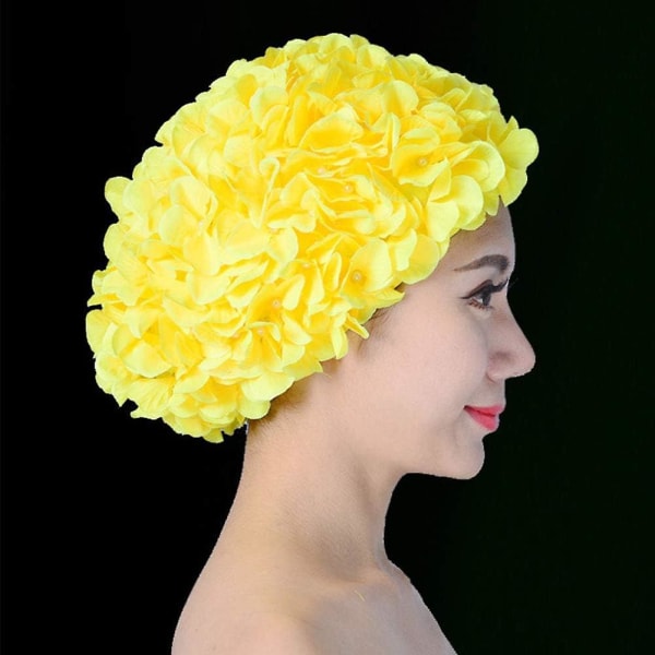 Vintage blommössa Retro badmössor Badmössor för kvinnor, Långt hår med blommor för damer (gul)