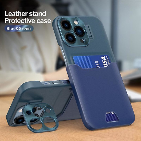 Läderkamera Case För Iphone 15 Pro Max Med Kortplats Stativhållare Dark green-blue